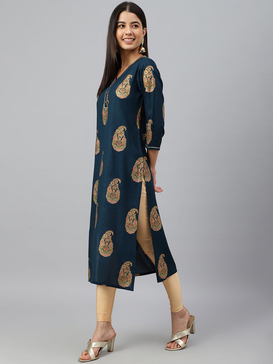 Janasya Women's Teal Blue Rayon Paisley Foil Print Casual Straight Kurta - Distacart