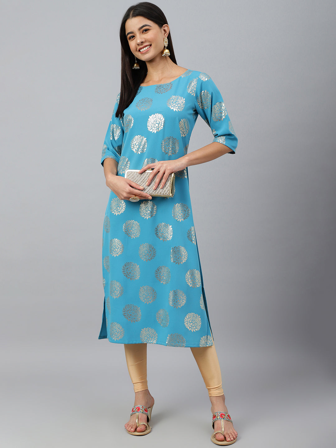 Janasya Women's Sky Blue Crepe Foil Print Casual Straight Kurta - Distacart
