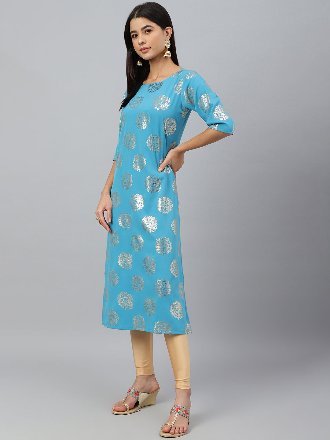 Janasya Women's Sky Blue Crepe Foil Print Casual Straight Kurta - Distacart
