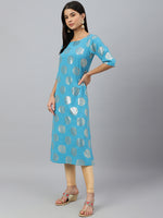 Thumbnail for Janasya Women's Sky Blue Crepe Foil Print Casual Straight Kurta - Distacart
