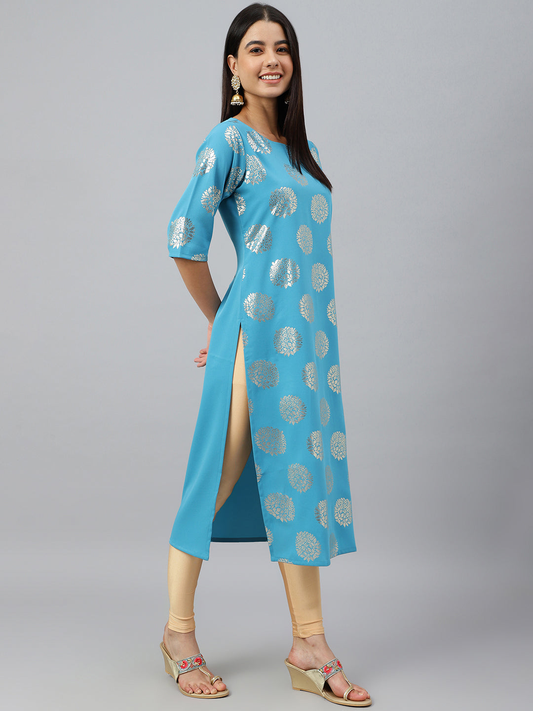 Janasya Women's Sky Blue Crepe Foil Print Casual Straight Kurta - Distacart