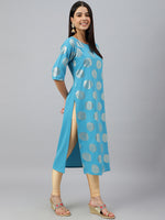 Thumbnail for Janasya Women's Sky Blue Crepe Foil Print Casual Straight Kurta - Distacart