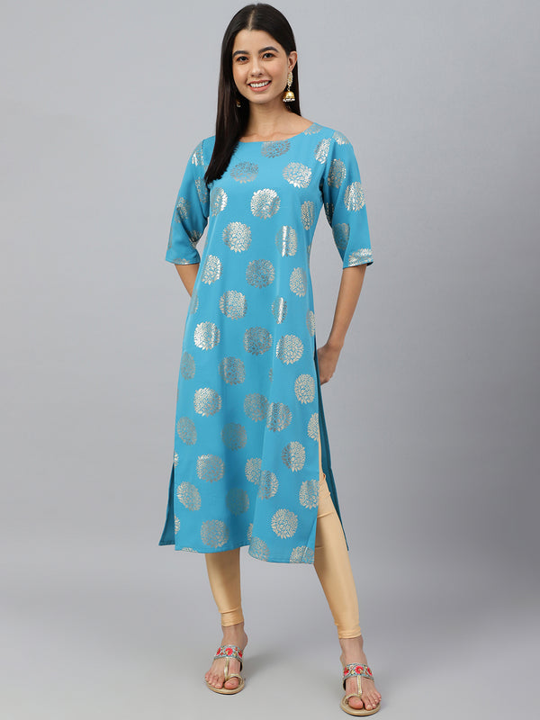Janasya Women's Sky Blue Crepe Foil Print Casual Straight Kurta - Distacart