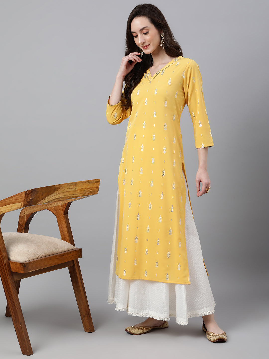 Janasya Women's Mustard Crepe Foil Print Casual Straight Kurta - Distacart