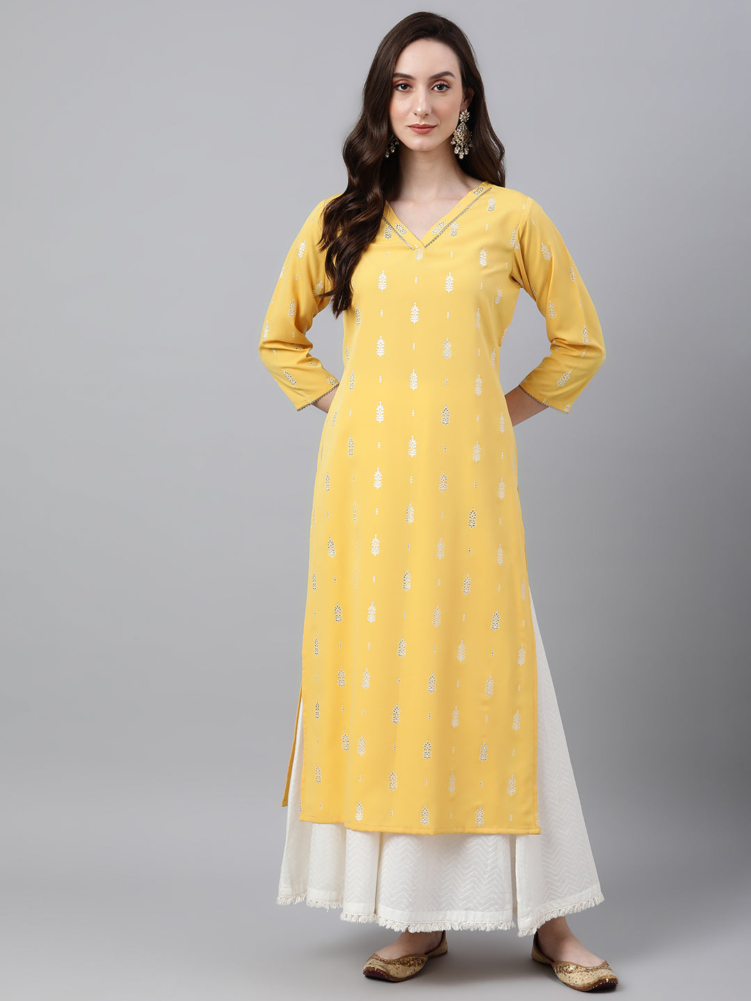 Janasya Women's Mustard Crepe Foil Print Casual Straight Kurta - Distacart