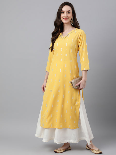 Janasya Women's Mustard Crepe Foil Print Casual Straight Kurta - Distacart