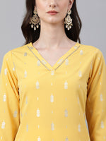 Thumbnail for Janasya Women's Mustard Crepe Foil Print Casual Straight Kurta - Distacart