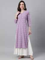 Thumbnail for Janasya Women's Lavender Crepe Foil Print Casual Straight Kurta - Distacart