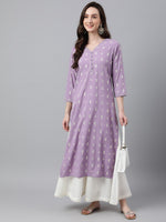 Thumbnail for Janasya Women's Lavender Crepe Foil Print Casual Straight Kurta - Distacart