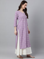Thumbnail for Janasya Women's Lavender Crepe Foil Print Casual Straight Kurta - Distacart