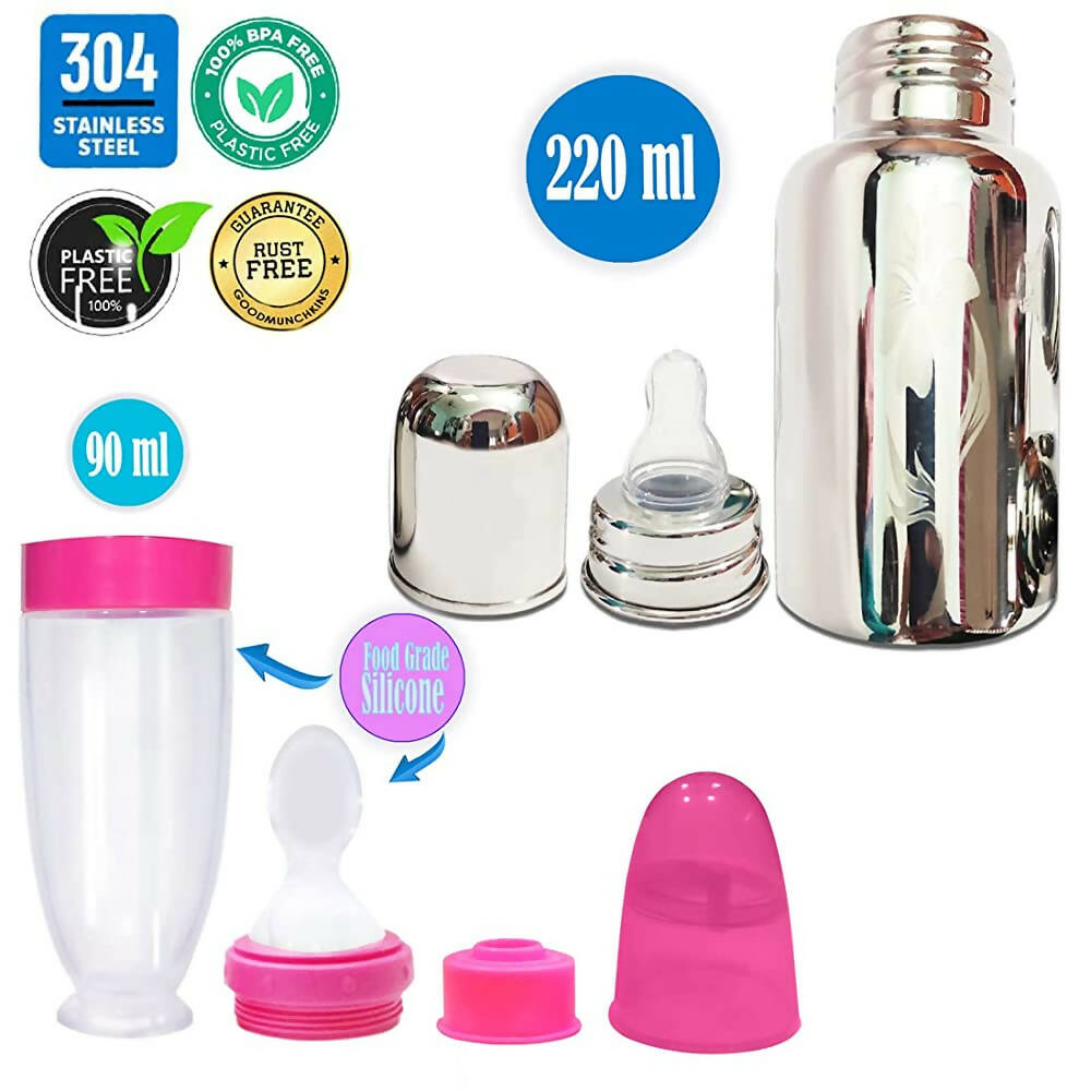 Goodmunchkins Stainless Steel Feeding Bottle 304 Grade Jointless & Spoon Food Feeder for Baby Nipple Feeder 220 ml Combo Pack-Pink - Distacart