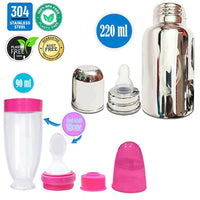 Thumbnail for Goodmunchkins Stainless Steel Feeding Bottle 304 Grade Jointless & Spoon Food Feeder for Baby Nipple Feeder 220 ml Combo Pack-Pink - Distacart