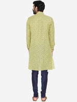 Thumbnail for Manyavar Men Yellow & Navy Blue Printed Straight Kurta - Distacart