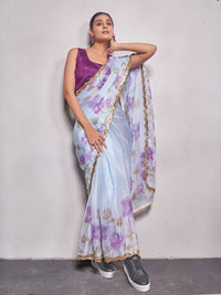 Thumbnail for NOZ2TOZ Women Party Wear Flower Printed Saree with Designer Un Stitched Blouse - Lavender - Distacart