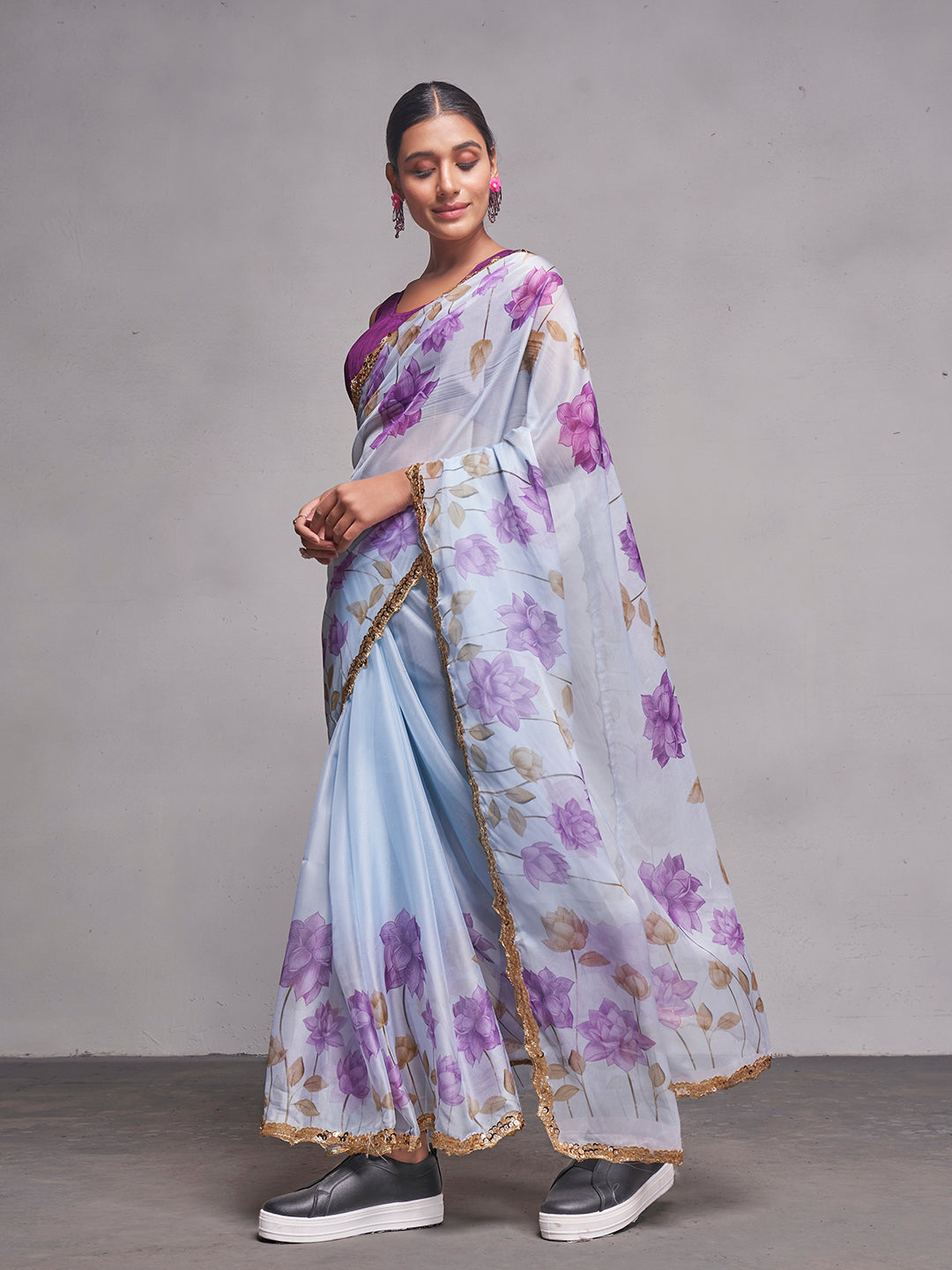 NOZ2TOZ Women Party Wear Flower Printed Saree with Designer Un Stitched Blouse - Lavender - Distacart