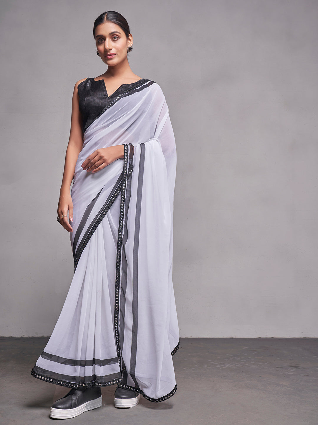 NOZ2TOZ Women Party Wear Plain Saree with Designer Un Stitched Blouse - White - Distacart