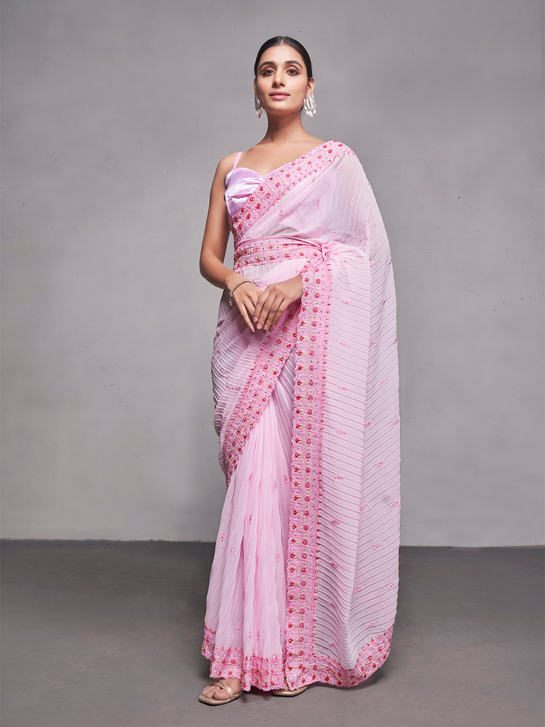 NOZ2TOZ Women Party Wear Crushed Saree Saree with Designer Un Stitched Blouse - Baby Pink - Distacart