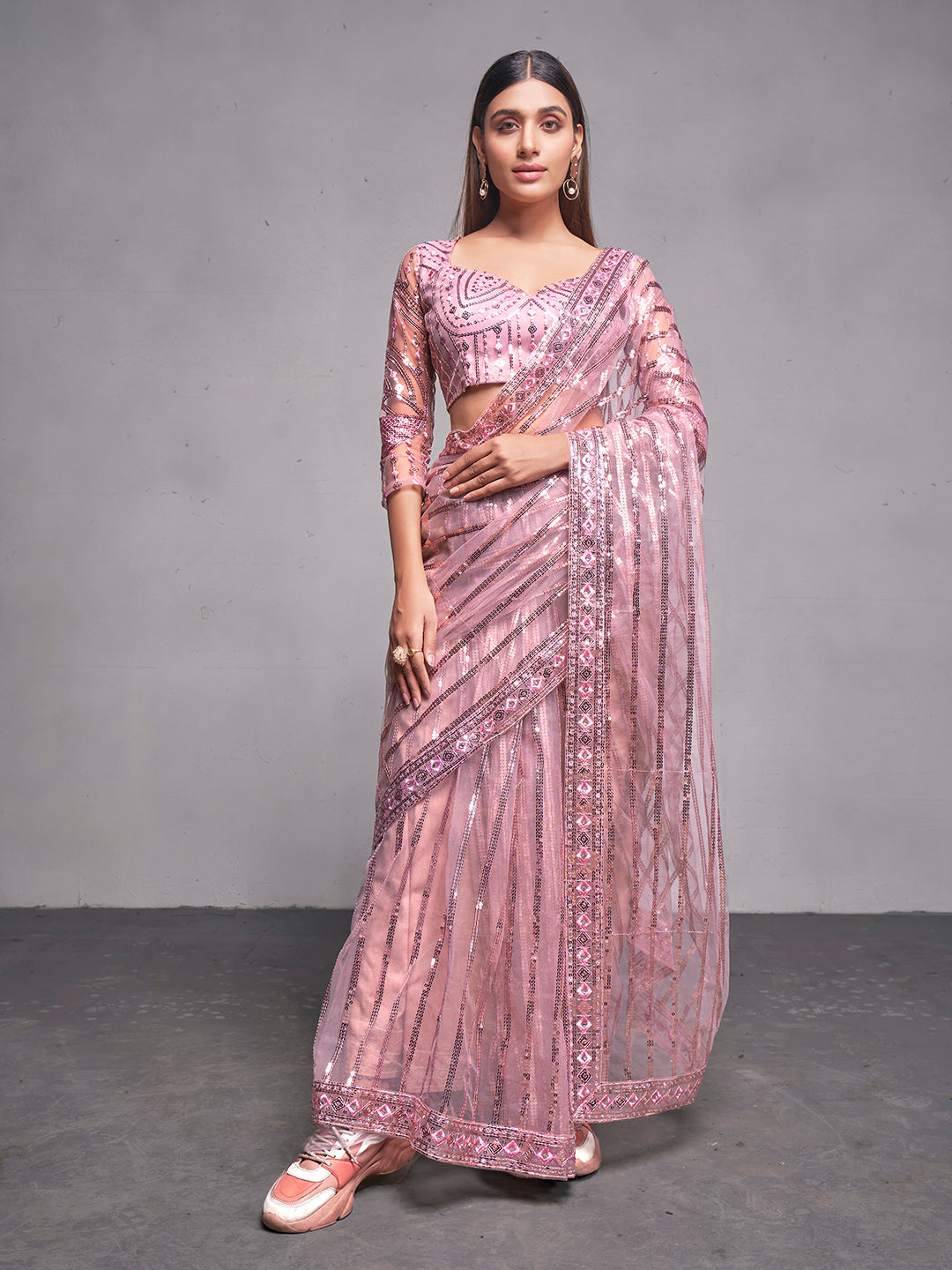 NOZ2TOZ Women Party Wear Sequnce Worked Saree with Designer Un Stitched Blouse - Baby Pink - Distacart