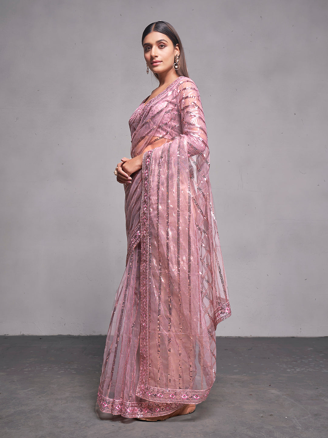 NOZ2TOZ Women Party Wear Sequnce Worked Saree with Designer Un Stitched Blouse - Baby Pink - Distacart