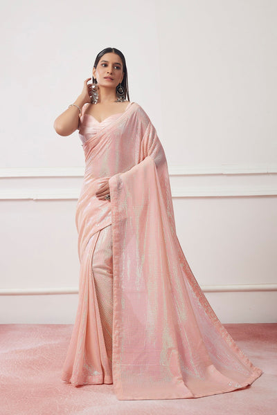 NOZ2TOZ Women Party Wear Sequnce Worked Saree with Designer Un Stitched Blouse - Peach - Distacart
