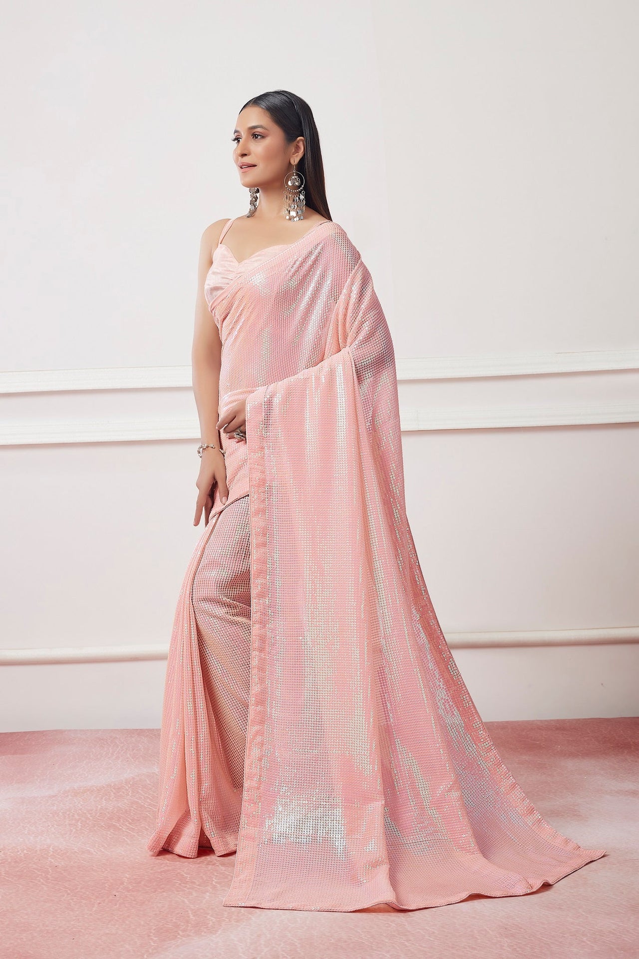 NOZ2TOZ Women Party Wear Sequnce Worked Saree with Designer Un Stitched Blouse - Peach - Distacart
