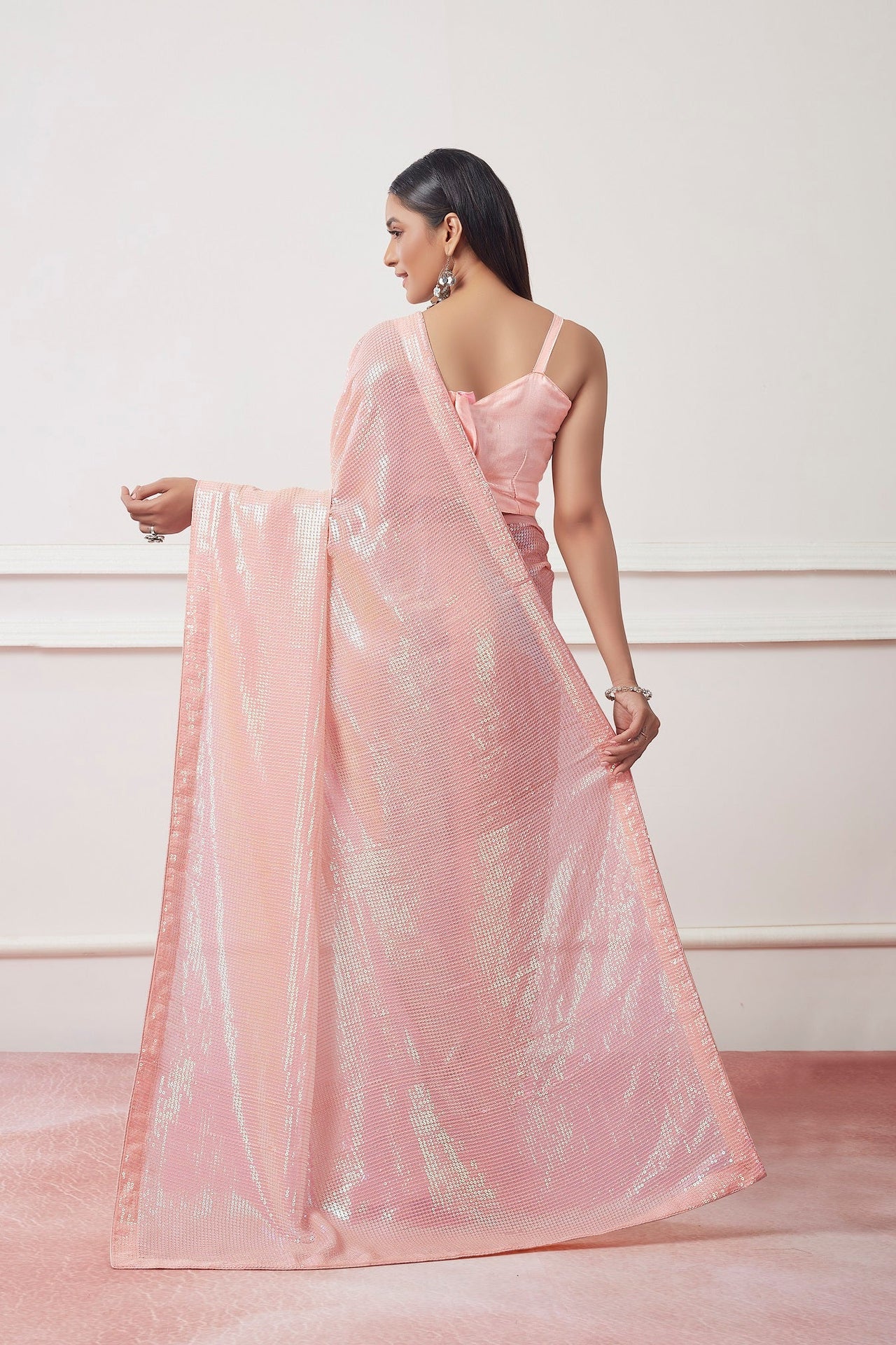 NOZ2TOZ Women Party Wear Sequnce Worked Saree with Designer Un Stitched Blouse - Peach - Distacart