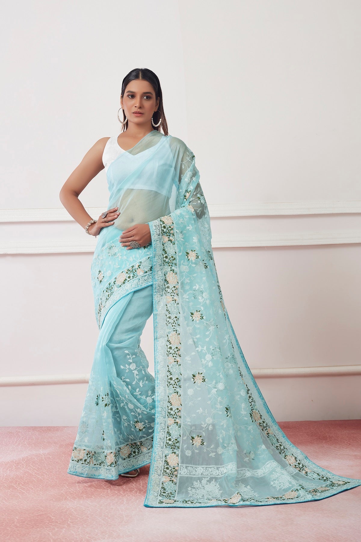 NOZ2TOZ Women Party Wear Embroidery Worked Saree with Designer Un Stitched Blouse - Sky Blue - Distacart