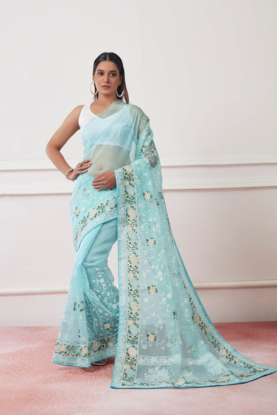 NOZ2TOZ Women Party Wear Embroidery Worked Saree with Designer Un Stitched Blouse - Sky Blue - Distacart