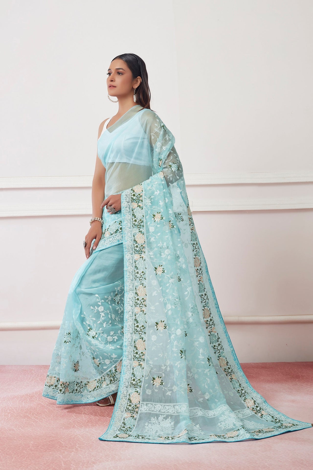 NOZ2TOZ Women Party Wear Embroidery Worked Saree with Designer Un Stitched Blouse - Sky Blue - Distacart