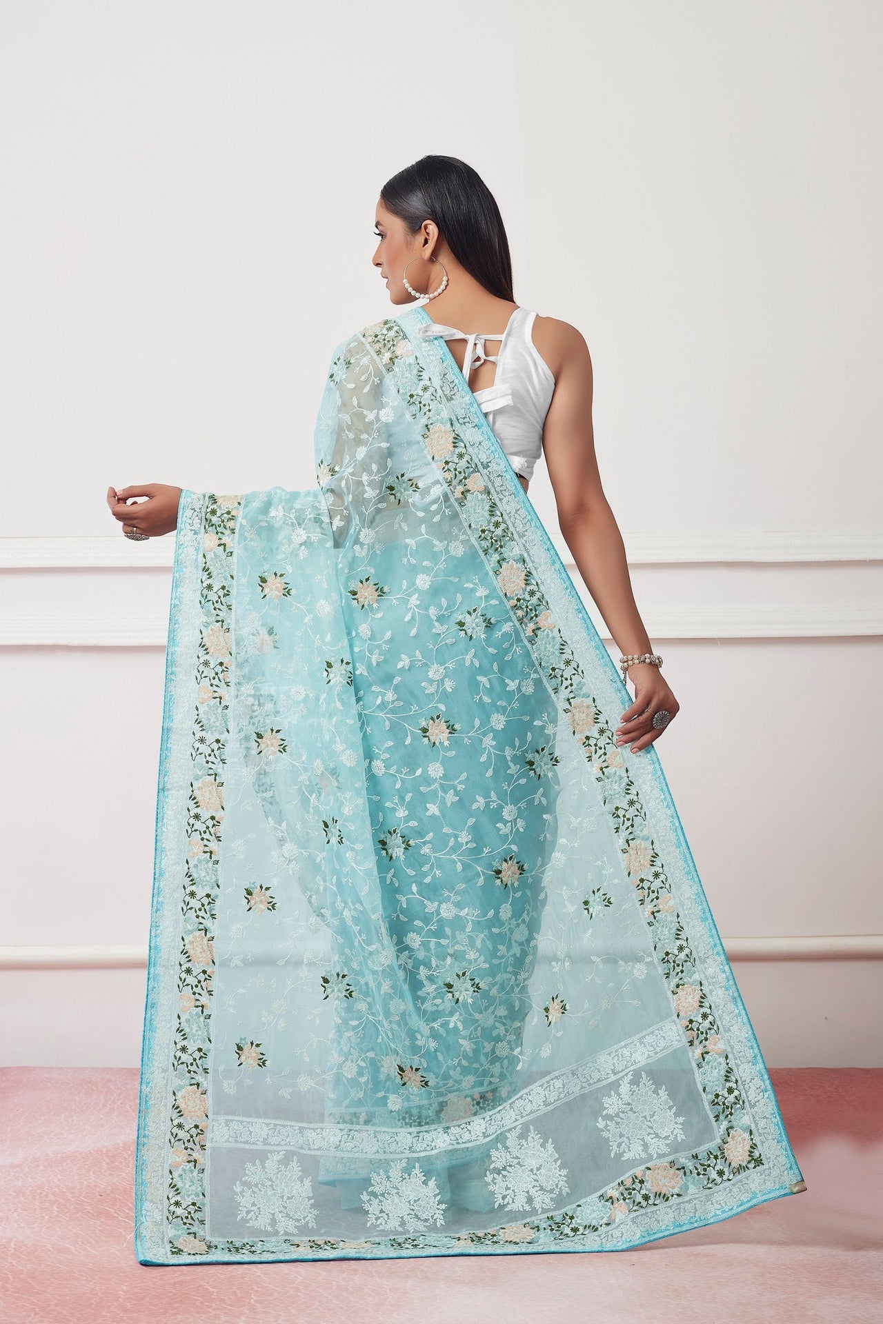 NOZ2TOZ Women Party Wear Embroidery Worked Saree with Designer Un Stitched Blouse - Sky Blue - Distacart