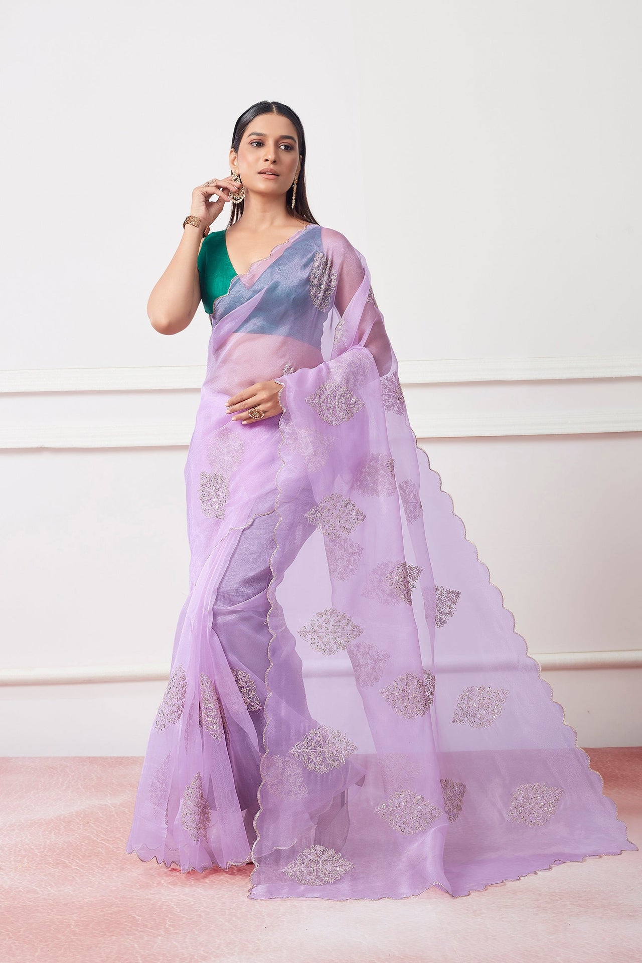 NOZ2TOZ Women Party Wear Oraganza Saree with Designer Un Stitched Blouse - Lavender - Distacart