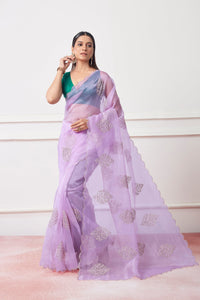 Thumbnail for NOZ2TOZ Women Party Wear Oraganza Saree with Designer Un Stitched Blouse - Lavender - Distacart