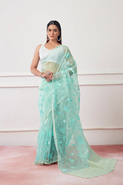 NOZ2TOZ Women Party Wear Oraganza Saree with Designer Un Stitched Blouse - Sky Blue - Distacart