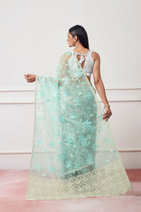 Thumbnail for NOZ2TOZ Women Party Wear Oraganza Saree with Designer Un Stitched Blouse - Sky Blue - Distacart