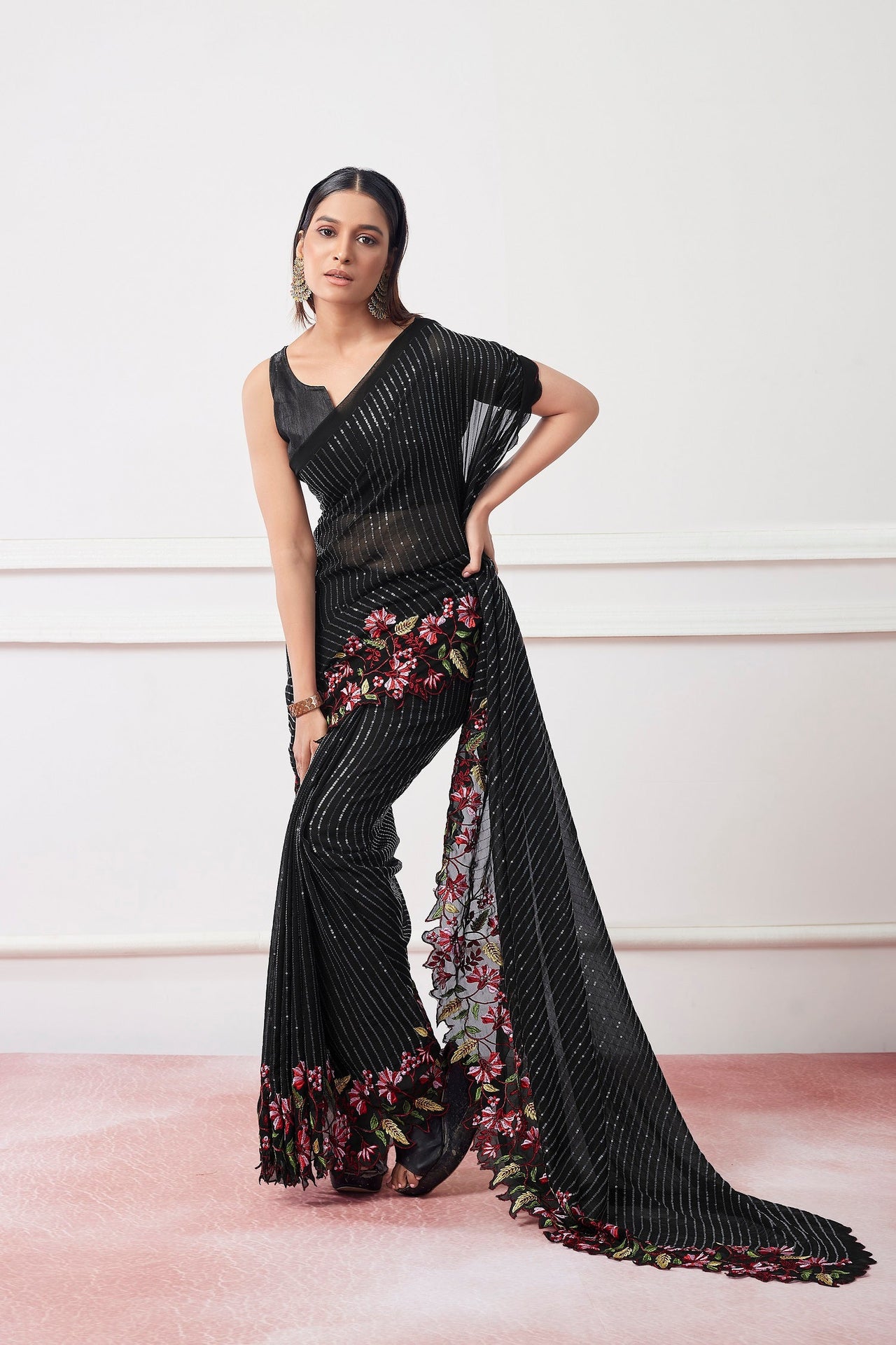 NOZ2TOZ Women Party Wear Sequnce Worked Saree with Designer Un Stitched Blouse - Black - Distacart