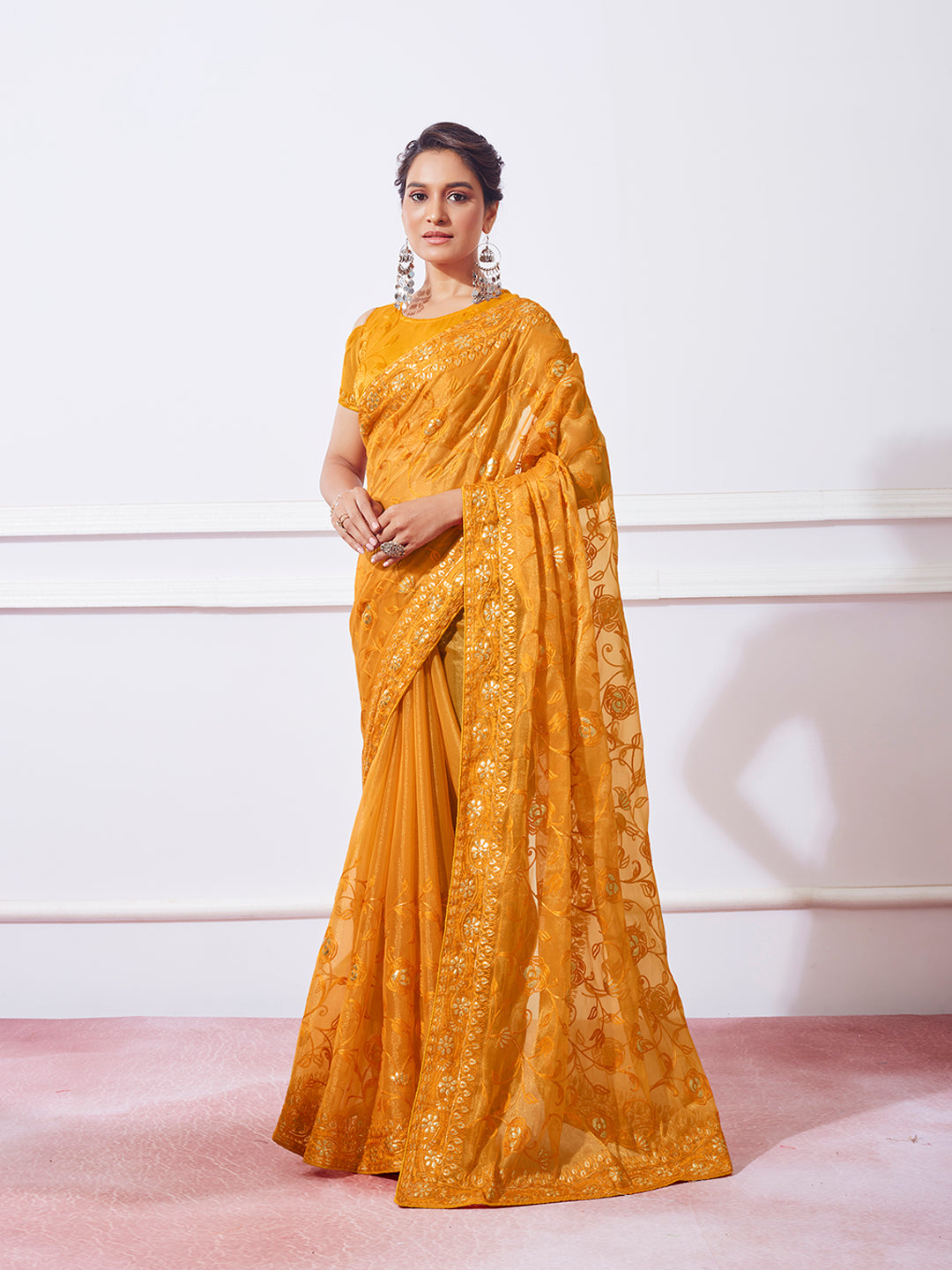 NOZ2TOZ Women Party Wear Embroidery Worked Saree with Designer Un Stitched Blouse - Mustard - Distacart