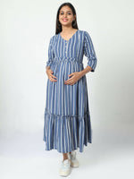 Thumbnail for Manet Three Fourth Maternity Dress Striped With Concealed Zipper Nursing Access - Blue - Distacart
