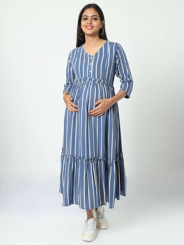 Manet Three Fourth Maternity Dress Striped With Concealed Zipper Nursing Access - Blue - Distacart