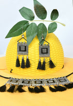 Thumbnail for Mominos Fashion Johar Kamal Oxidised Silver-Plated Brass Finish Tassel Work Handicraft Choker For Women (Black) - Distacart