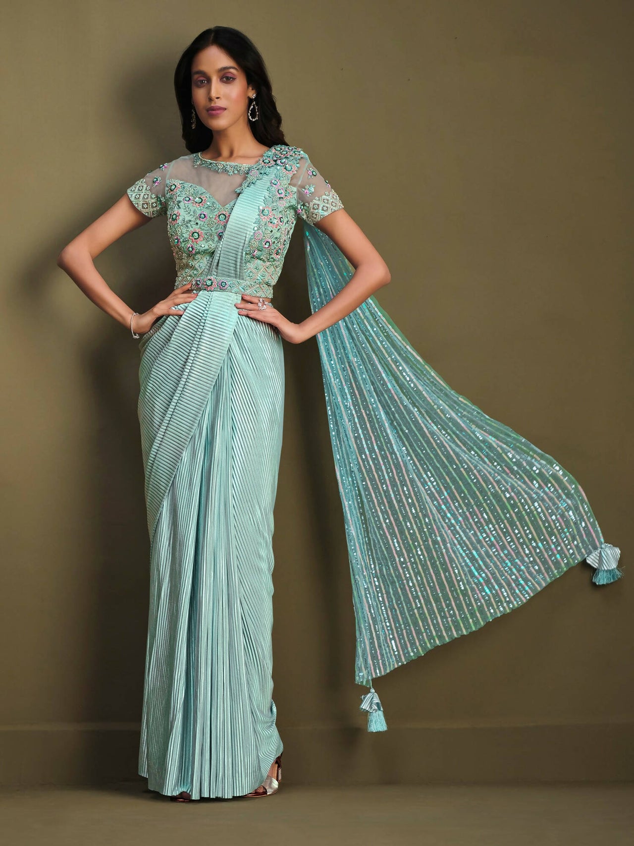 Sky Blue Fancy Crystal Crepe Sequence Embroidered Saree With Stitched Blouse - Mohmanthan La Belle - Distacart