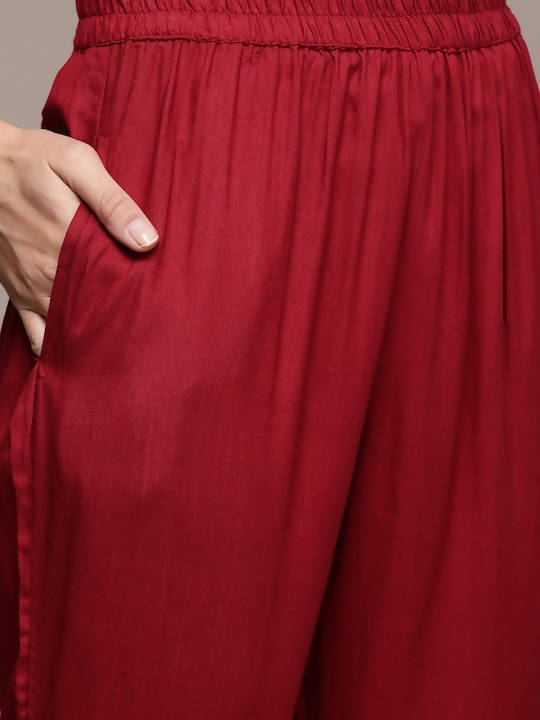 Anubhutee Maroon Floral Embroidered Mirror Work Kurta with Trousers & With Dupatta - Distacart