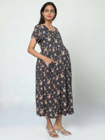 Thumbnail for Manet Short Sleeves Maternity Dress Floral Print With Concealed Zipper Nursing Access - Navy Blue - Distacart