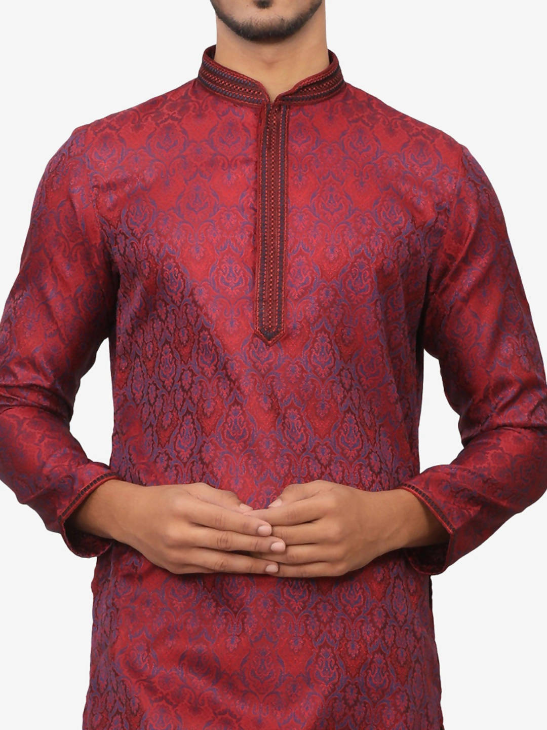Manyavar Men Maroon & Navy Blue Self Design Kurta with Churidar - Distacart