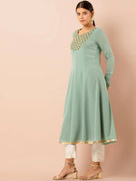 Thumbnail for Indya Green Embroidered A-Line Kurta - Distacart