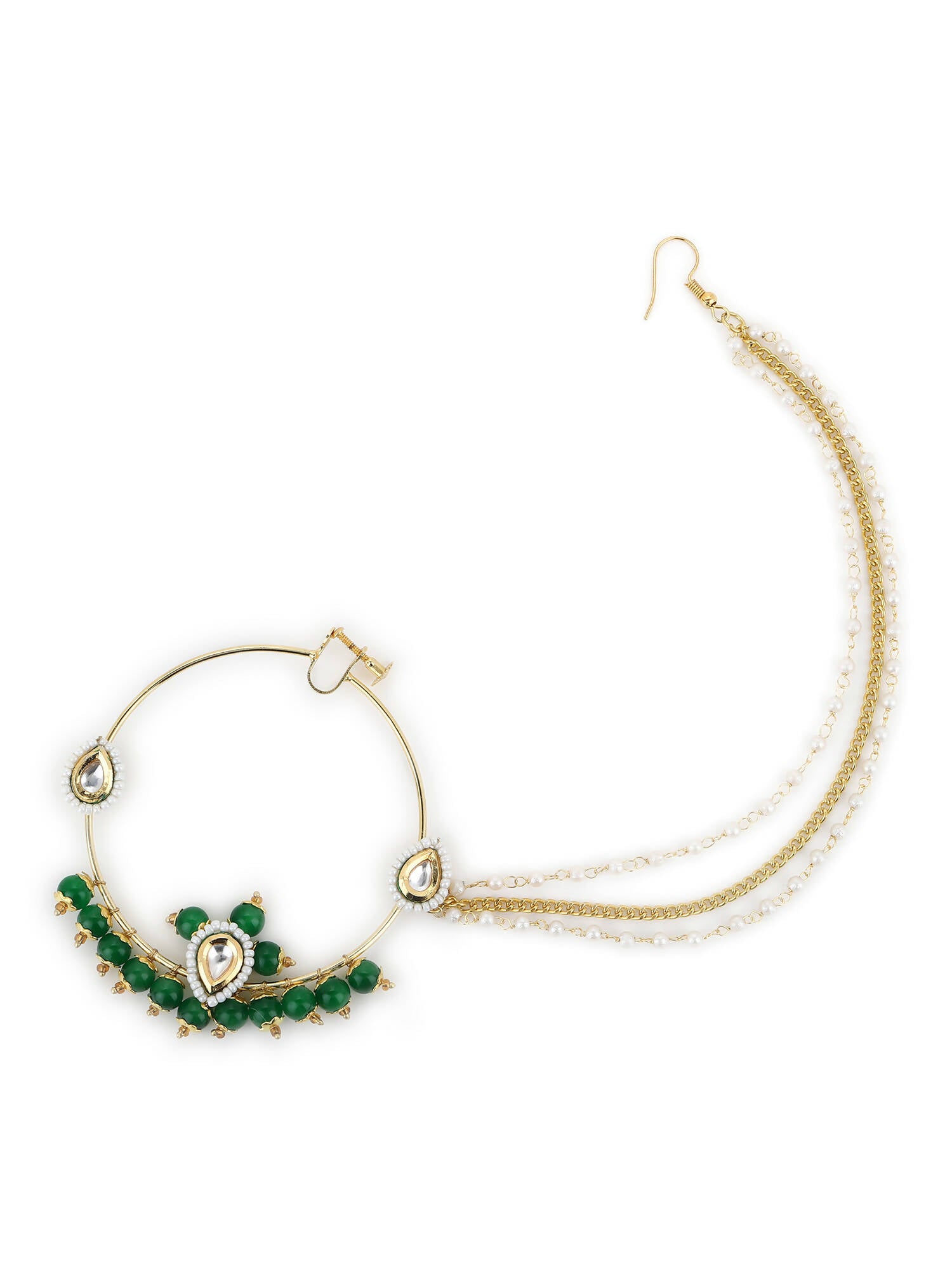 Gold-Plated White Green Kundan-Studded Pearl Beaded Nosepin - Ruby Raang - Distacart