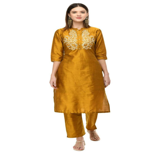 Lagi Women's Mustard Poly silk Straight Embroidred Kurta Pant (RO116C)