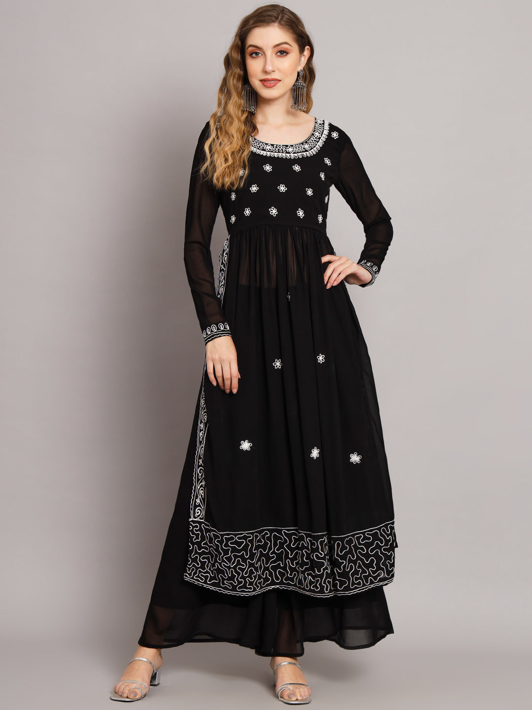 NOZ2TOZ Women Black georgette Aari work A-Line Kurta with Sharara - Distacart