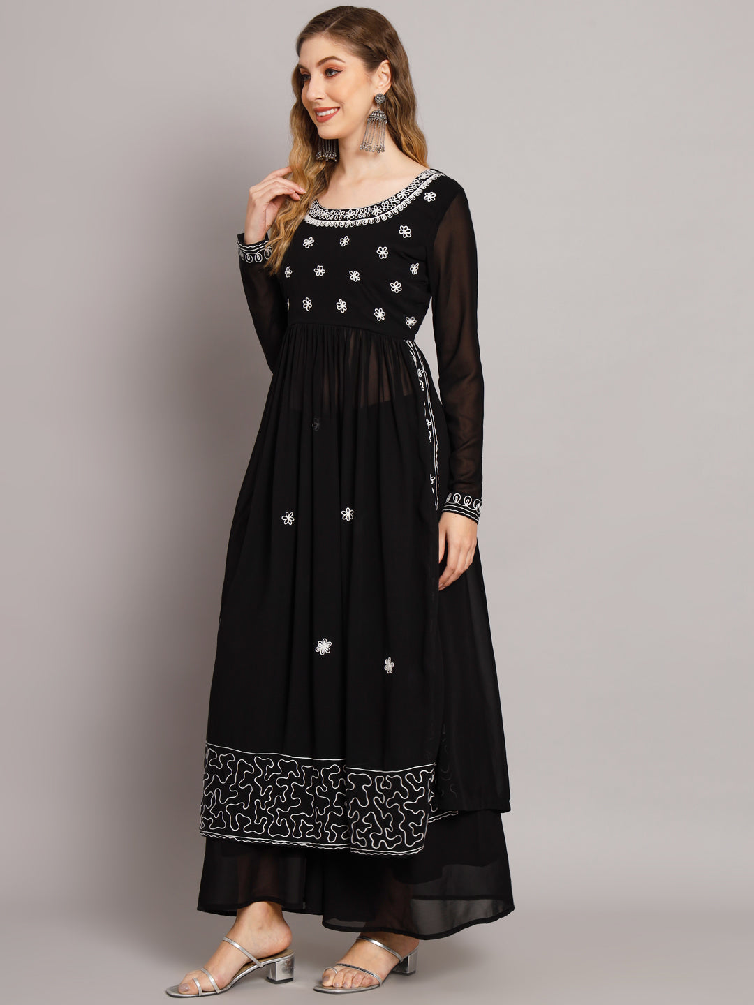NOZ2TOZ Women Black georgette Aari work A-Line Kurta with Sharara - Distacart