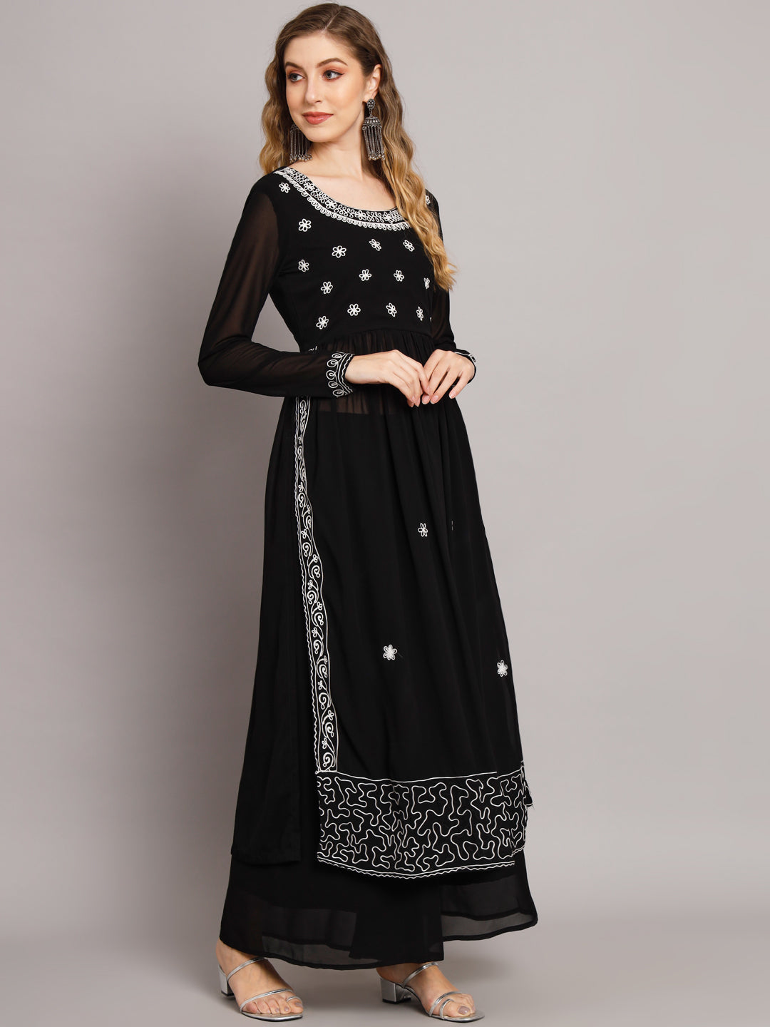 NOZ2TOZ Women Black georgette Aari work A-Line Kurta with Sharara - Distacart