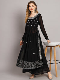 Thumbnail for NOZ2TOZ Women Black georgette Aari work A-Line Kurta with Sharara - Distacart